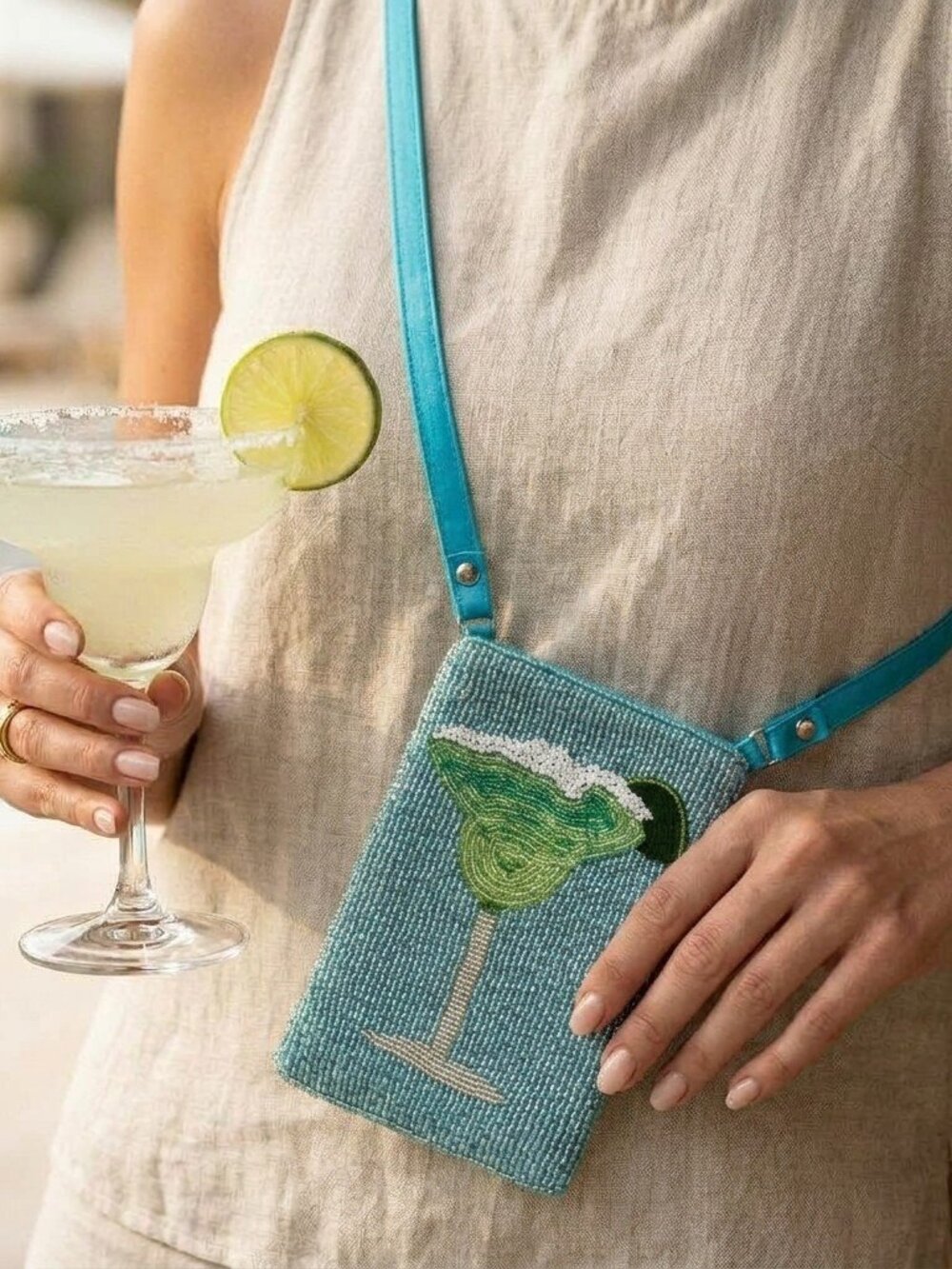 Sky Blue Martini Beaded Crossbody Clutch- Club Bag